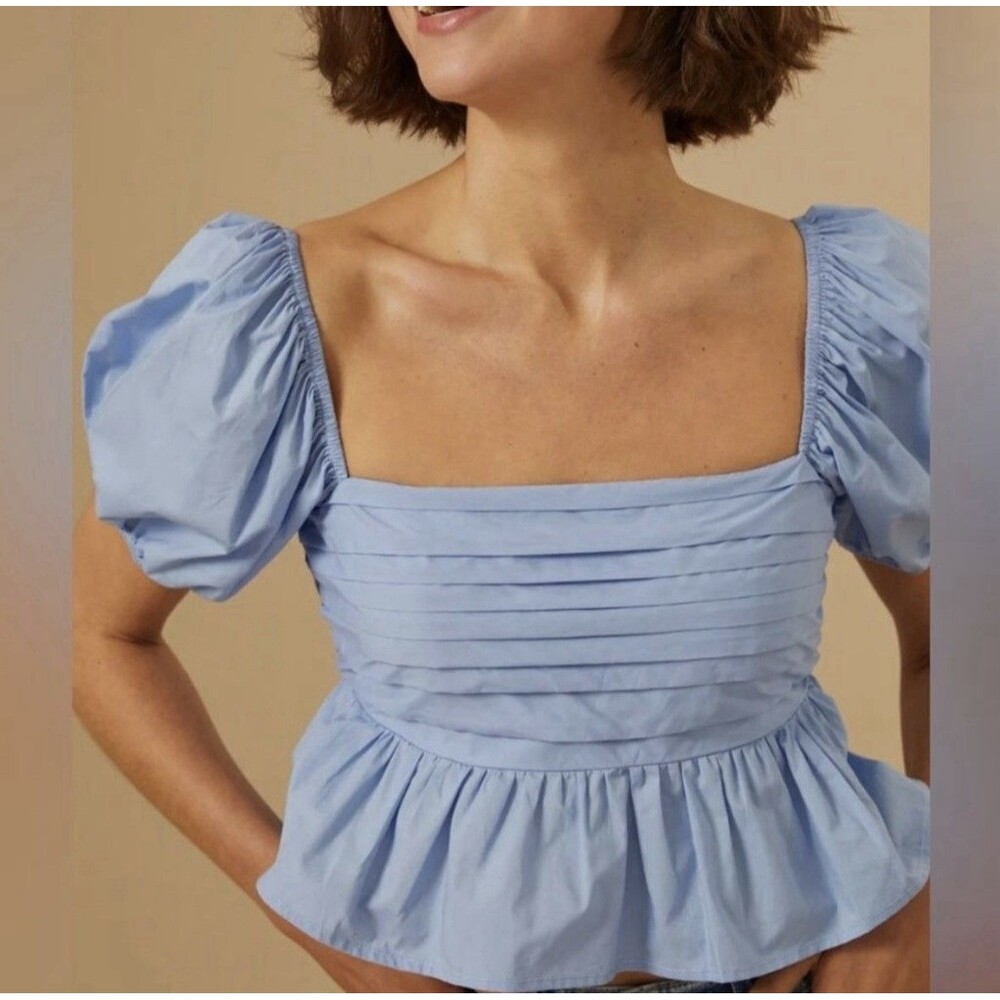 NWT Altar'd State Size M Denim Blue Serenity Smocked Peplum Cropped Top Feminine